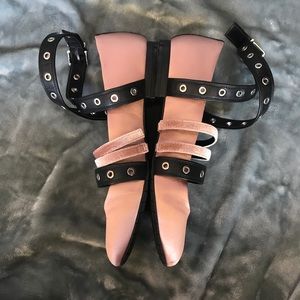 Baby Pink Balet Flats with Velvet & Leather Detail